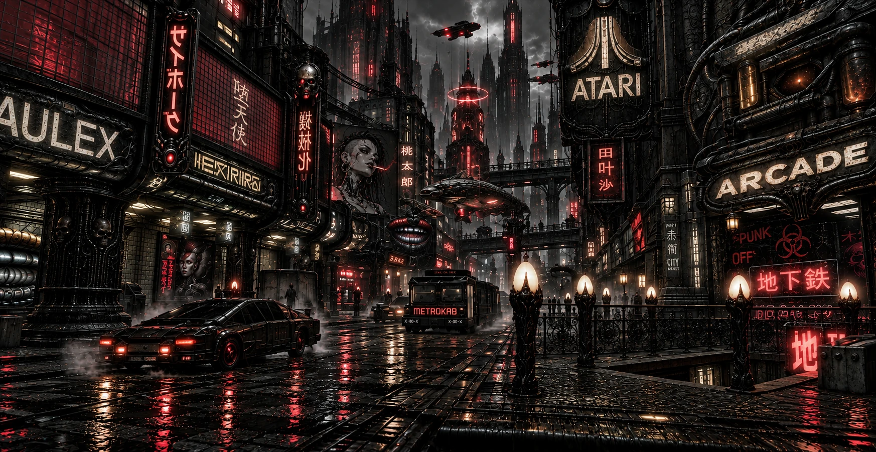 Rain-slicked streets of Gigerpunk City