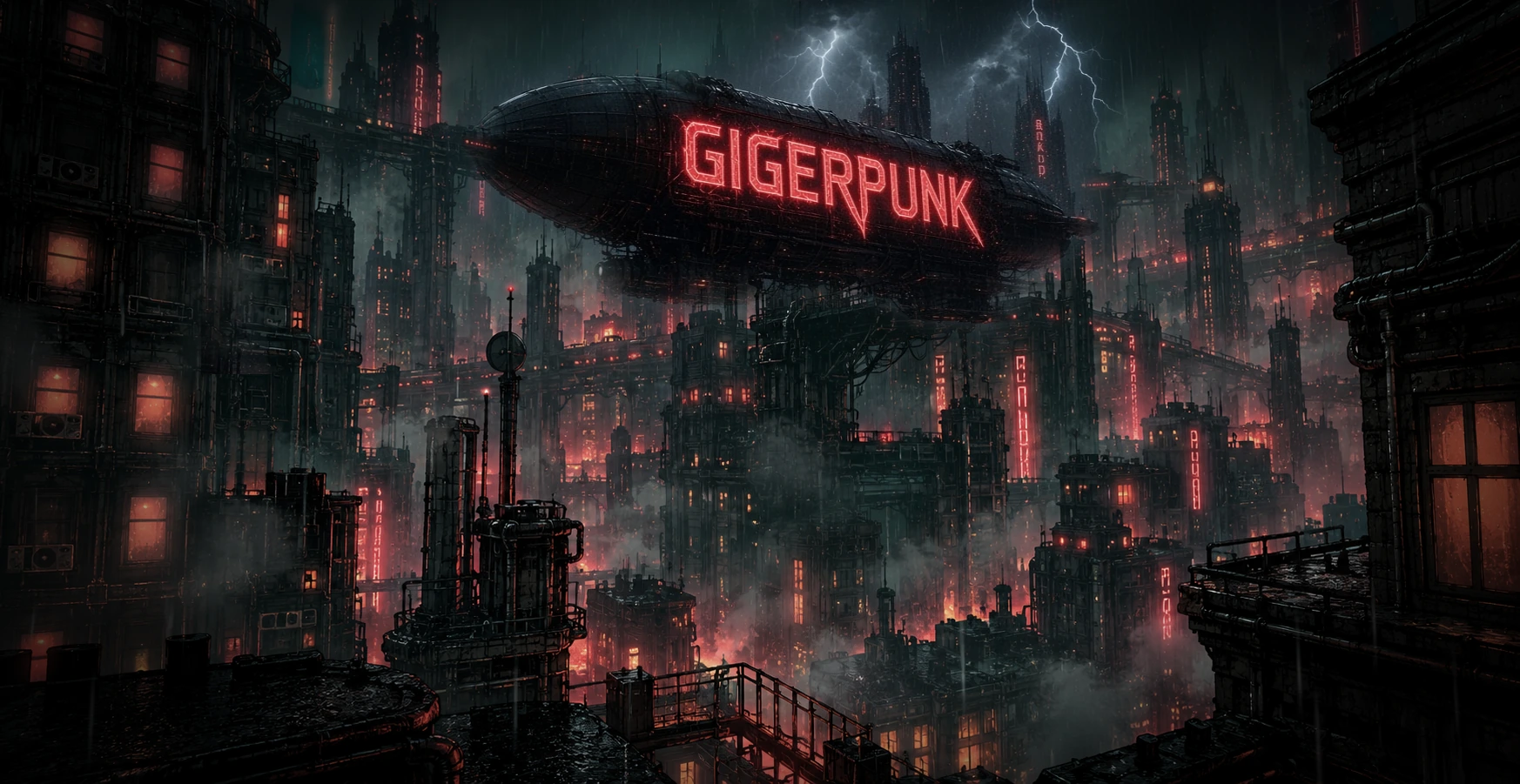 Gigerpunk airship above the rain-soaked city